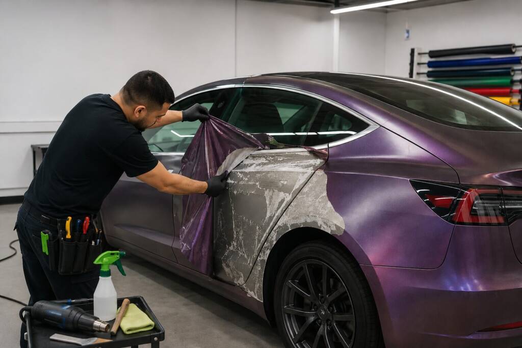 SFG Wraps certified installer removing old vinyl wrap in professional studio